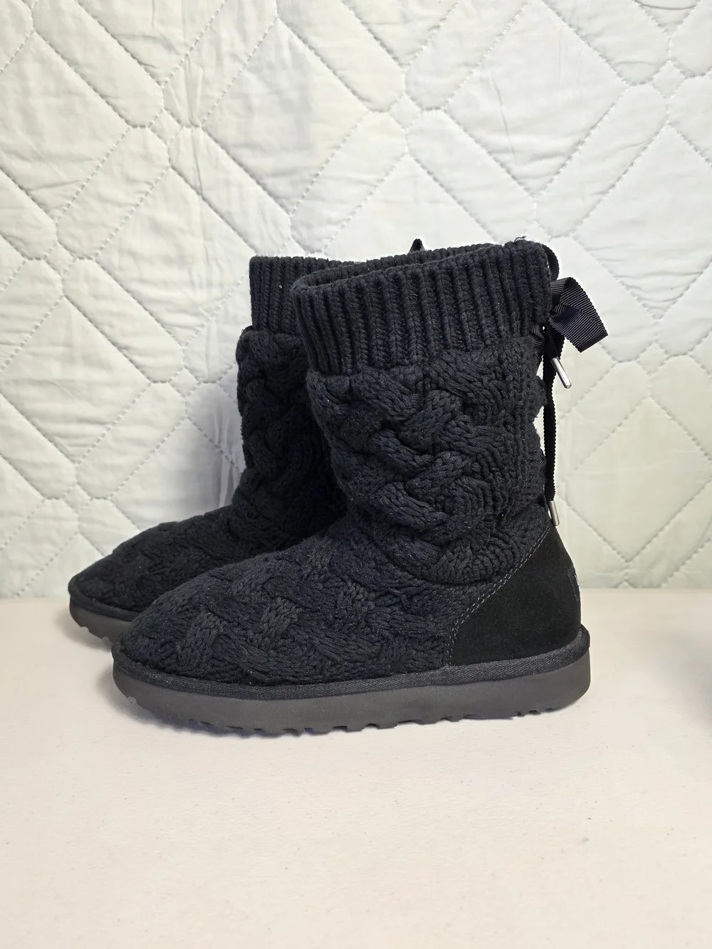 Ugg Australia Isla Black Woven Knit Calf High Lace Up Sweater Boots Women  Sz 9